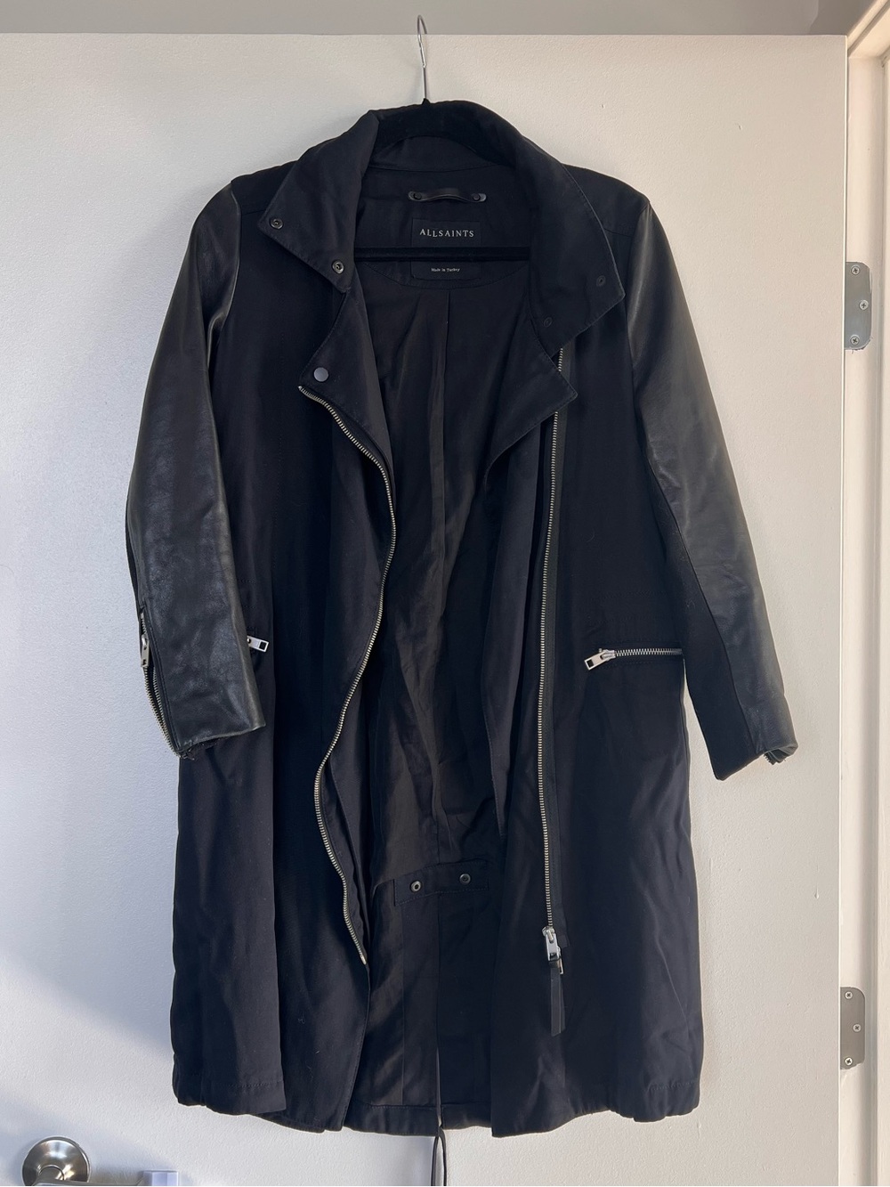All Saints Black Mixed-Media Trench with Leather Sleeves